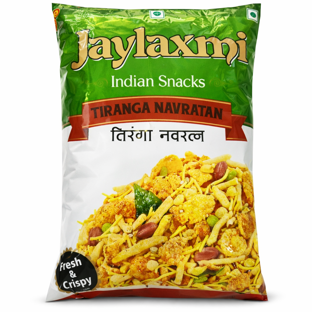Jaylaxmi Tiranga Navratan Mixture package showing colorful snack mix with mixed nuts and dried fruits in a clear bag.