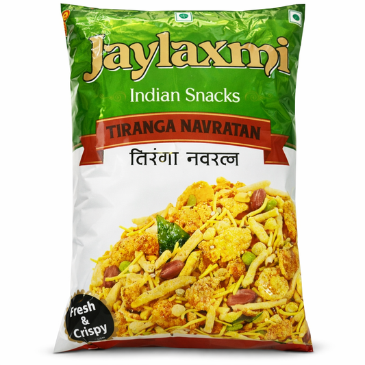 Jaylaxmi Tiranga Navratan Mixture package showing colorful snack mix with mixed nuts and dried fruits in a clear bag.